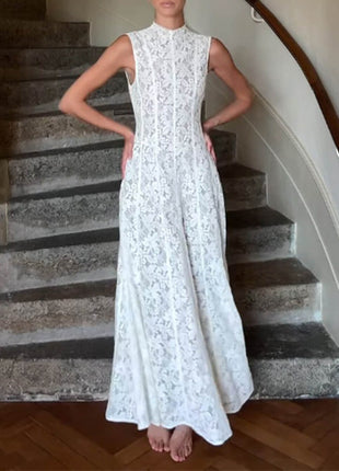 High Neck Sleeveless Lace Flowy Maxi Dress