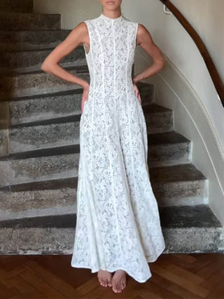 High Neck Sleeveless Lace Flowy Maxi Dress