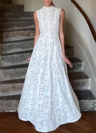 High Neck Sleeveless Lace Flowy Maxi Dress