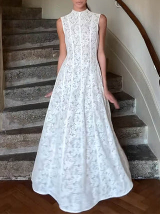High Neck Sleeveless Lace Flowy Maxi Dress