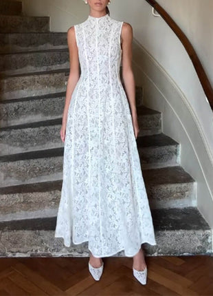 High Neck Sleeveless Lace Flowy Maxi Dress