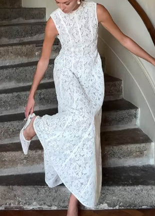 High Neck Sleeveless Lace Flowy Maxi Dress