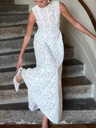 High Neck Sleeveless Lace Flowy Maxi Dress