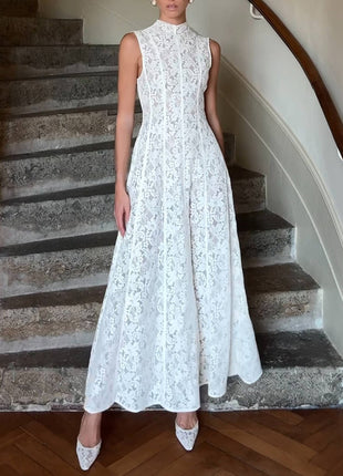 High Neck Sleeveless Lace Flowy Maxi Dress