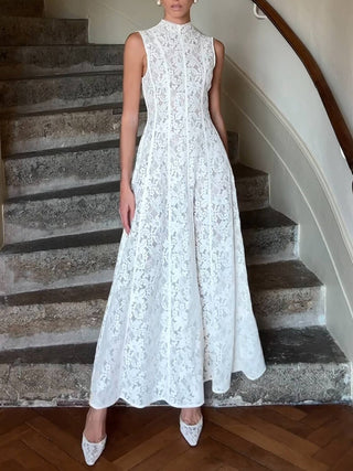High Neck Sleeveless Lace Flowy Maxi Dress