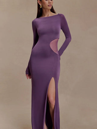 Slim Fit Cutout High Slit Long Sleeve Maxi Gown
