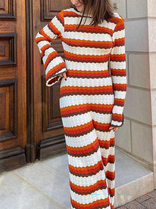 Retro Stripe Knit Long Sleeve Flare Maxi Dress