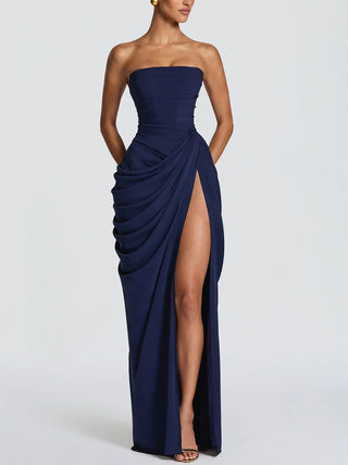 Strapless Draped High Slit Bodycon Maxi Dress