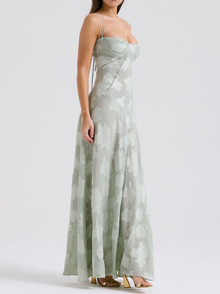 Spaghetti Strap Floral Mesh Lace‑Up Back Maxi Dress