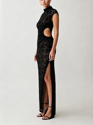 Lace Cutout High Slit Bodycon Maxi Dress