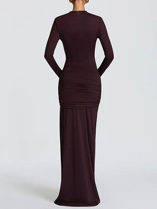 Long Sleeve Cutout Front Draped Black Maxi Gown