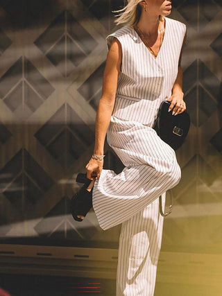 Striped V Neck Vest Wide Leg Pants Two Piece Set