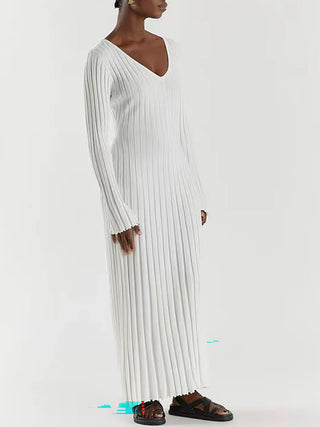 V‑Neck Long Sleeve Ribbed Knit Midi Dress