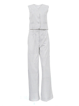 Striped V Neck Vest Wide Leg Pants Two Piece Set