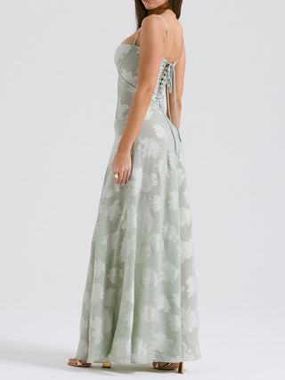 Spaghetti Strap Floral Mesh Lace‑Up Back Maxi Dress