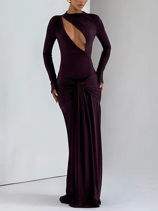 Long Sleeve Cutout Front Draped Black Maxi Gown