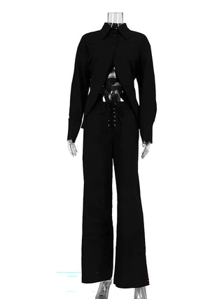 Irregular Shirt Cutout Lace-Up Pants Two Piece Set