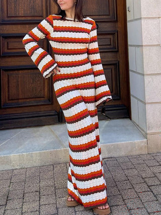 Retro Stripe Knit Long Sleeve Flare Maxi Dress