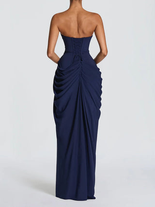 Strapless Draped High Slit Bodycon Maxi Dress