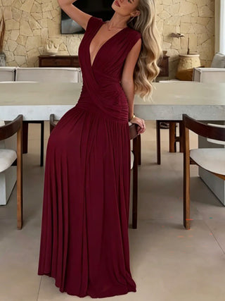 V Neck Sleeveless Ruched Flowy Maxi Dress