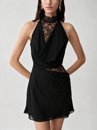 Halter Lace Cutout Draped Mini Dress