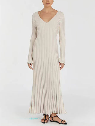V‑Neck Long Sleeve Ribbed Knit Midi Dress