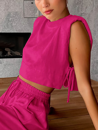 Sleeveless Crop Top Drawstring Wide Leg Pants Set