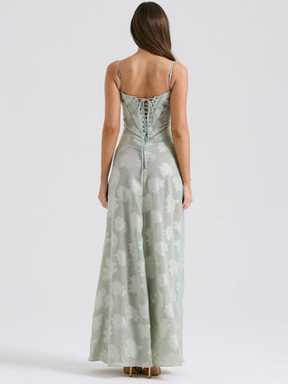 Spaghetti Strap Floral Mesh Lace‑Up Back Maxi Dress