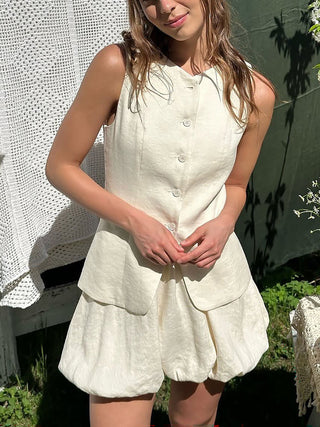 Sleeveless Button Vest Bubble Mini Skirt Two Piece Outfit