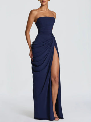 Strapless Draped High Slit Bodycon Maxi Dress