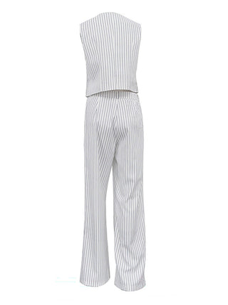 Striped V Neck Vest Wide Leg Pants Two Piece Set