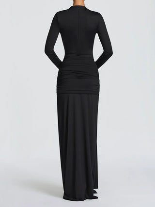 Long Sleeve Cutout Front Draped Black Maxi Gown