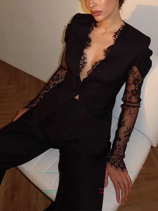 Elegant Cutout Sleeve Lace Panel Blazer Top