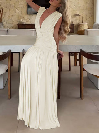 V Neck Sleeveless Ruched Flowy Maxi Dress