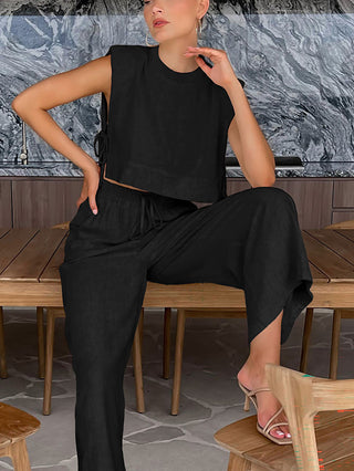 Sleeveless Crop Top Drawstring Wide Leg Pants Set