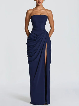 Strapless Draped High Slit Bodycon Maxi Dress