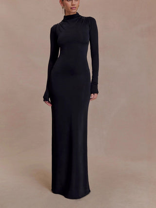 Turtleneck Long Sleeve Back Cutout Maxi Dress