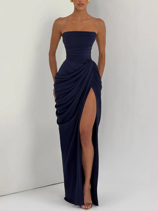 Strapless Draped High Slit Bodycon Maxi Dress