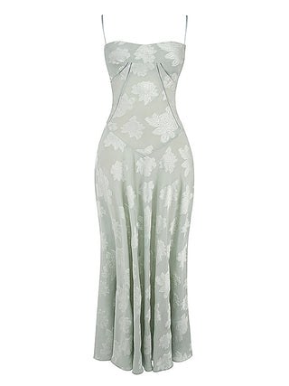 Spaghetti Strap Floral Mesh Lace‑Up Back Maxi Dress