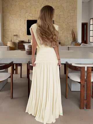 V Neck Sleeveless Ruched Flowy Maxi Dress