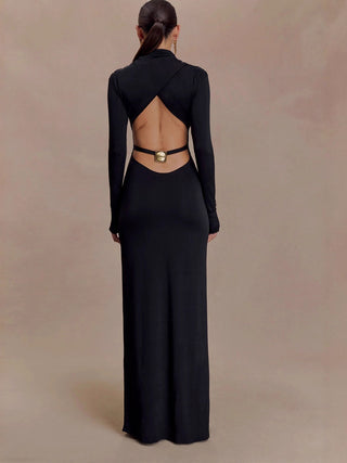 Turtleneck Long Sleeve Back Cutout Maxi Dress