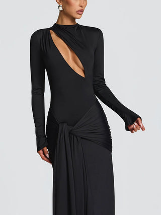 Long Sleeve Cutout Front Draped Black Maxi Gown