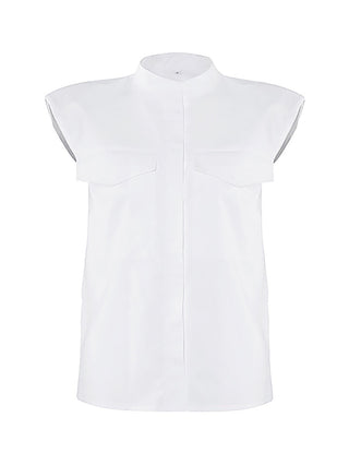 Sleeveless Pocket Collared Button Down Shirt Top
