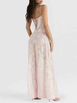 Spaghetti Strap Floral Mesh Lace‑Up Back Maxi Dress