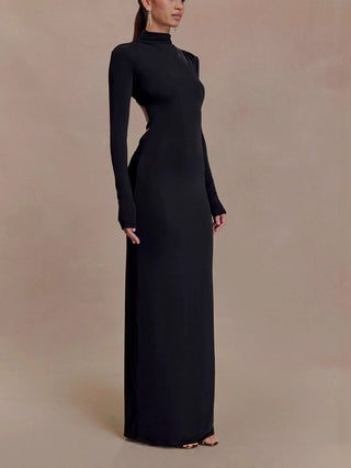Turtleneck Long Sleeve Back Cutout Maxi Dress
