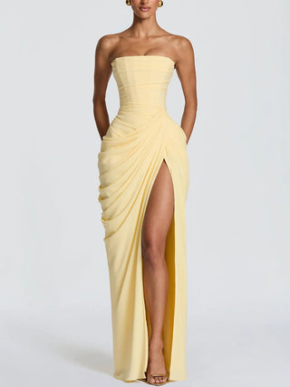 Strapless Draped High Slit Bodycon Maxi Dress