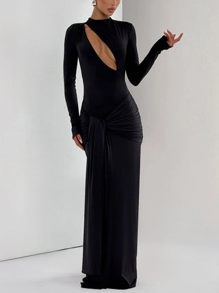 Long Sleeve Cutout Front Draped Black Maxi Gown