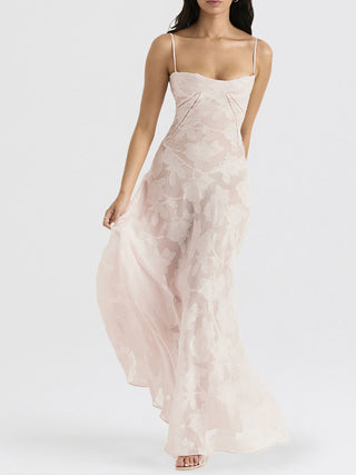Spaghetti Strap Floral Mesh Lace‑Up Back Maxi Dress
