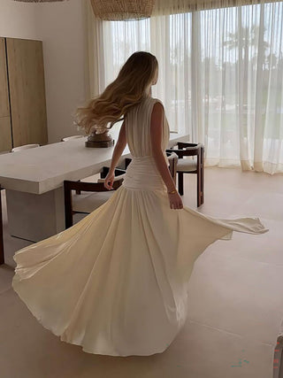 V Neck Sleeveless Ruched Flowy Maxi Dress