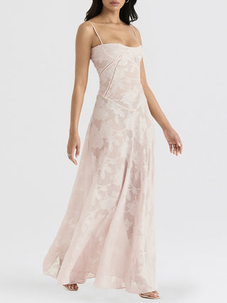 Spaghetti Strap Floral Mesh Lace‑Up Back Maxi Dress